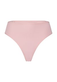 Bas de bikini taille haute rose en tissu lisse, présentant un design minimaliste, des bords sans couture et une coupe classique pour le confort.