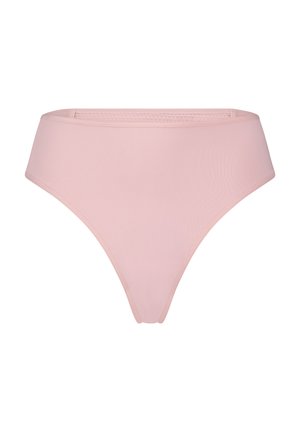 Bas de bikini taille haute rose en tissu lisse, présentant un design minimaliste, des bords sans couture et une coupe classique pour le confort.