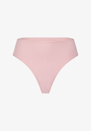 Rosa hochgeschnittene Bikinihose aus glattem Stoff, mit minimalistischem Design, nahtlosen Kanten und klassischem Schnitt für Komfort.