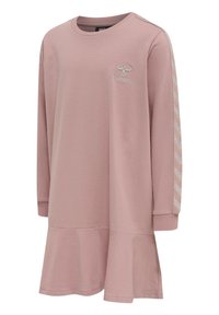 Langärmeliges, rosa Baumwollkleid mit ausgestelltem Saum, besticktem Logo auf der Brust und silbernen Chevron-Akzenten an den Ärmeln.