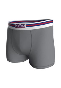 Boxer grigi con fascia elastica bianca con strisce rosse e blu e logo "GIANTS" davanti. Tessuto liscio e design aderente.