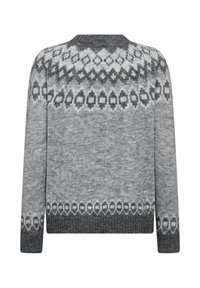 Grått stickat tröja med ett geometriskt mönster i ljusare grått på axlarna, ribbad halsringning och muddar, med en något strukturerad yta.