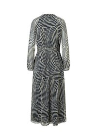 Langärmeliges Midikleid mit geometrischem schwarz-beigem Zickzackmuster, tailliertem Bund und leicht ausgestelltem Rock, von hinten gezeigt.