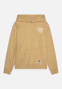 Felpa con cappuccio color cammello, dotata di tasca anteriore, con stampa del logo bianco. Realizzata in tessuto morbido; polsini e orlo a coste per una vestibilità aderente.