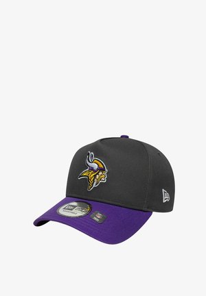 Adjustable cap with a black fabric body and a purple visor. Features an embroidered Viking logo on the front. Soft texture, structured design.