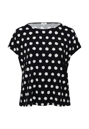 Haut noir à manches courtes avec des pois blancs, encolure ronde, coupe décontractée, en tissu doux. Pas de matériel visible, design simple.