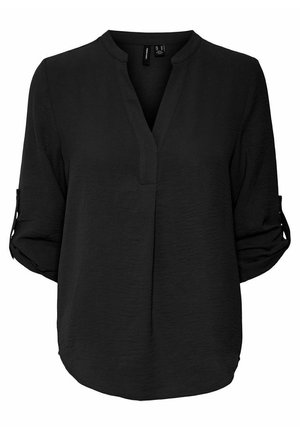 Blusa negra de manga larga con mangas remangadas y escote en V sin cuello, con un ajuste relajado y dobladillo curvado.