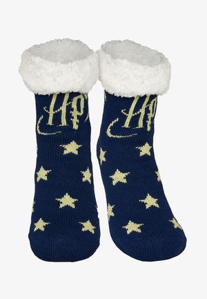 Navy blue socks with a soft white fur cuff, featuring a cream star pattern and embroidered text on each sock.