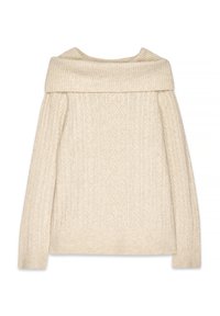 Pullover in maglia color crema con scollo asimmetrico, motivi a treccia, polsini a coste e una finitura testurizzata.