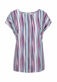 Kurzärmeliges Oberteil aus leichtem Stoff mit vertikalen Streifen in Pink, Blau und Marineblau auf einem weißen Hintergrund und einem abgerundeten Ausschnitt.