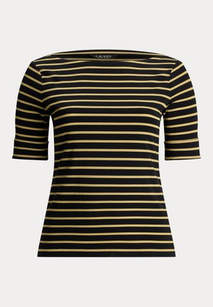Sort og guldstribet t-shirt med bred halsudskæring og korte ærmer, lavet af et glat stof. Har vandrette striber og en tætsiddende pasform.