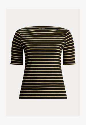 Black and gold striped t-shirt with a wide neckline and short sleeves, made from a smooth fabric. Features horizontal stripes and a fitted design.