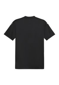 Maglia sportiva nera a maniche corte realizzata in un tessuto leggero, caratterizzata da un collo a giro e una texture liscia con un design minimalista.