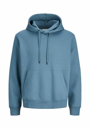 Blue hooded sweatshirt made of soft cotton. Features a kangaroo pocket, adjustable drawstrings, and ribbed cuffs and hem.