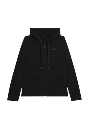 Felpa nera con zip frontale, tasche anteriori, cappuccio con coulisse e piccolo logo "FREDDY" sul lato sinistro del petto.