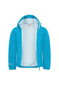 Μπλε αδιάβροχο παρκά με κουκούλα και εσωτερική επένδυση από δίχτυ, ανοιχτό φερμουάρ μπροστά, ελαστικά μανίκια και ανακλαστική λωρίδα στο αριστερό μανίκι.