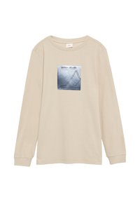 Beige Langarmshirt aus weichem Stoff mit einem Grafikdruck auf der Brust, der Liniendiagramme mit dem Text "GRAPHISCHE BEGRENZUNGSLEVELS" zeigt.