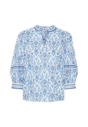 Hemdbluse mit blau-weißem Muster aus leichtem Stoff, mit rundem Ausschnitt und Dreiviertelärmel mit horizontalen Streifen.