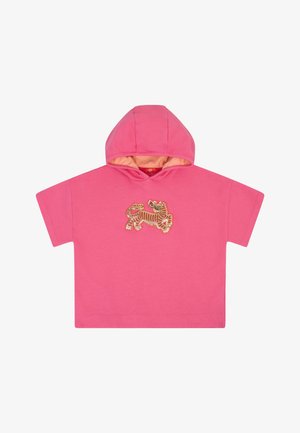 Roze kortärmelig hoodie gemaakt van zacht katoen, met een glinsterend tijgerontwerp aan de voorkant en een contrasterende voering aan de binnenkant van de capuchon.