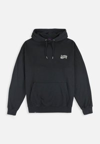 Haut à capuche noir en coton avec une poche avant, des cordons de serrage réglables et un petit logo sur la poitrine. Coupe standard, manches longues.