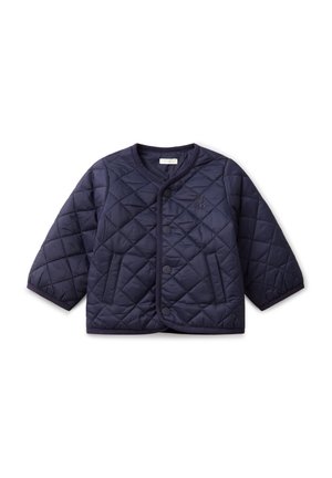 Navy blue quilted long-sleeve jacket with snap buttons, two front pockets, and round neckline, laid flat on white background.