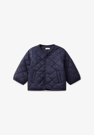 Navy blue quilted long-sleeve jacket with snap buttons, two front pockets, and round neckline, laid flat on white background.