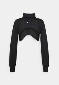 Top corto nero a maniche lunghe con colletto alto e logo Nike, caratterizzato da una texture a coste e un design anteriore con un taglio curvo.