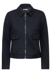 Veste en mélange de laine bleu marine avec un col, fermeture éclair à l'avant, deux poches poitrine et poignets élastiques. Présente un ourlet droit et des détails de couture minimalistes.