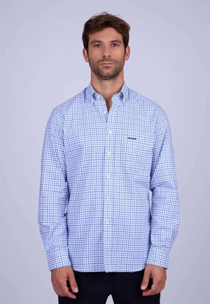 Chemise boutonnée en coton léger, avec un motif à carreaux bleu et blanc, des manches longues et un col boutonné.