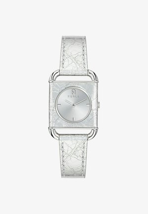 Ristkülikukujuline hõbedane kell tekstuuriga valge nahkrihmaga, millel on minimalistlik kellapeegel hõbedaste kellanäitude ja diskreetse brändimisega.