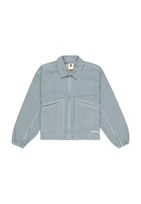 Striped jacket with a collar, long sleeves, and two front pockets. Fabric is lightweight, featuring blue and white vertical stripes.