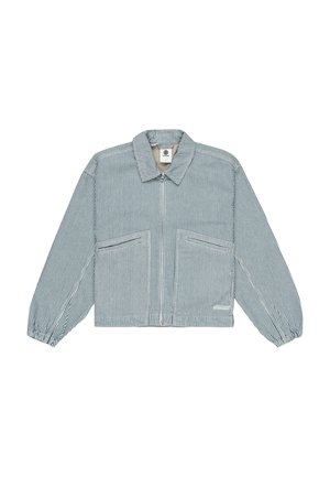 Striped jacket with a collar, long sleeves, and two front pockets. Fabric is lightweight, featuring blue and white vertical stripes.