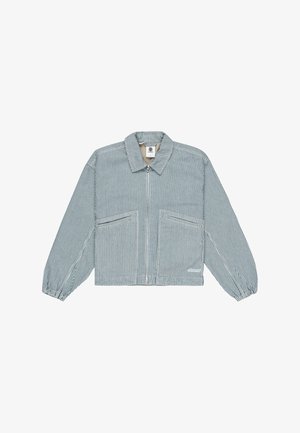 Stribet jakke med krave, lange ærmer og to forlommer. Stoffet er letvægts og har blå og hvide lodrette striber.