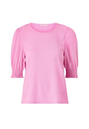 Jasnoróżowa, teksturowana bluzka z krótkimi bufkami i marszczonymi, elastycznymi mankietami, z okrągłym dekoltem i luźnym krojem.