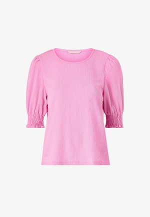 Jasnoróżowa, teksturowana bluzka z krótkimi bufkami i marszczonymi, elastycznymi mankietami, z okrągłym dekoltem i luźnym krojem.