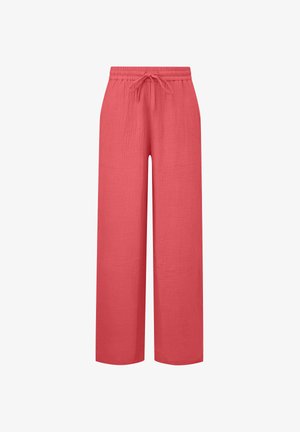 Koraalroze wijde broek met elastische taille en trekkoord, textuur lichtgewicht stof, rechte zoom, geen zichtbare zakken.