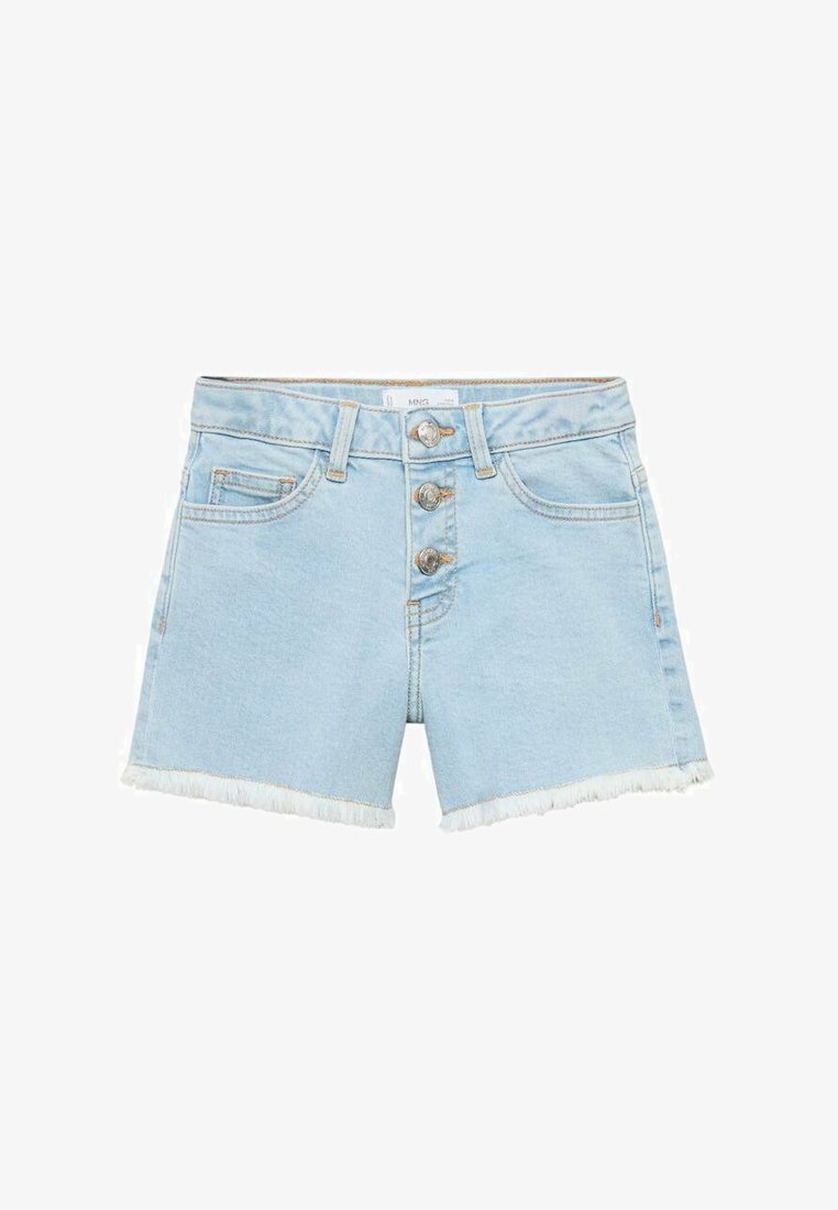 Svijetloplave traper kratke hlače s visokim strukom, s dugmetom za zakopčavanje, četiri džepa i izrezanim donjim rubom.