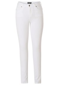 Witte skinny jeans van denim, met een sluiting aan de voorkant met een knoop, ceintuurlussen en vijf zakken. Glad textuur met een aansluitende pasvorm.