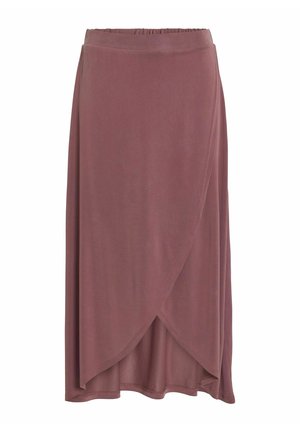 Gonna avvolgente viola con elastico in vita, realizzata in tessuto morbido e liscio. Presenta un design fluido e un orlo leggermente asimmetrico.