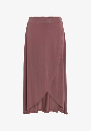 Violeta lakatu svārki ar elastīgu jostu, izgatavoti no mīkstas, gludas auduma. I xüsā, plūstoša dizaina un nedaudz asimetriska apakšmala.