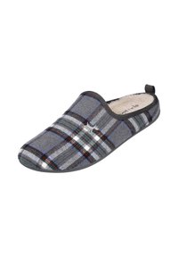 Zapatilla de cuadros grises con ribete gris oscuro, con un suave forro interior y una lengüeta trasera para facilitar el uso. El diseño de la suela proporciona tracción.