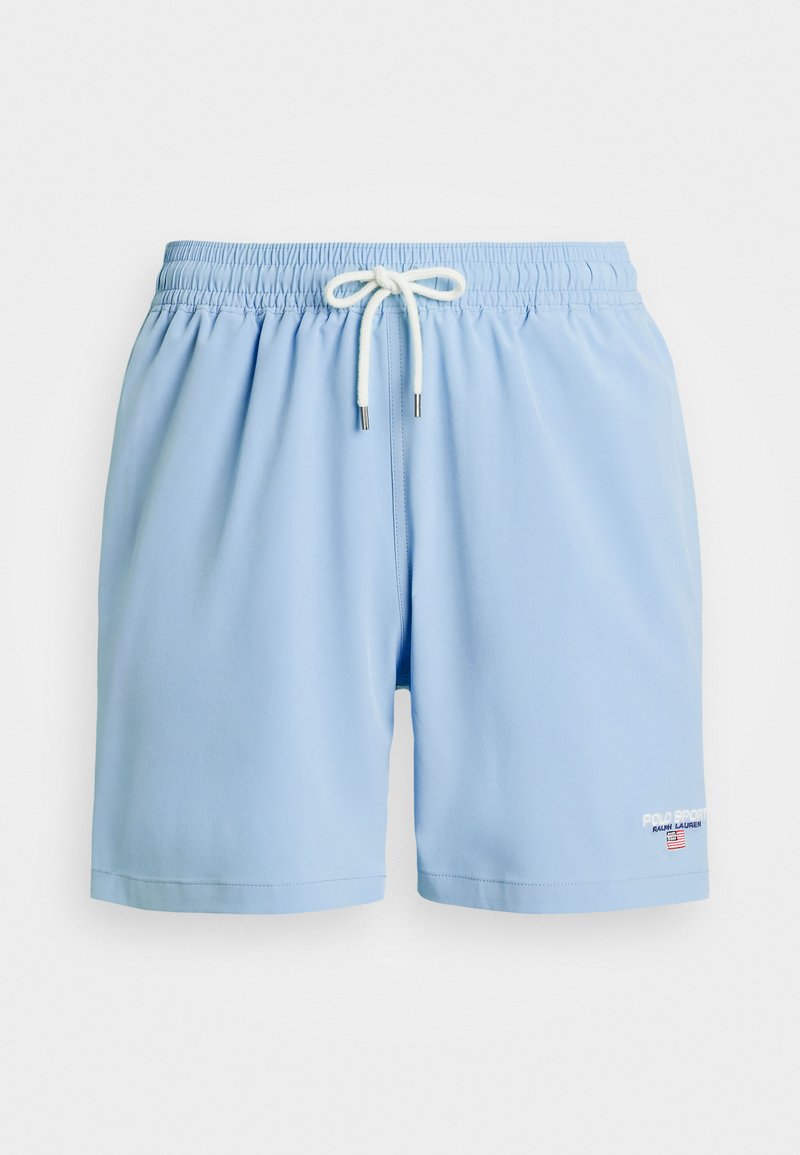 Ljusblå badshorts i mjukt tyg, med resårmidja och dragsko, samt en liten logo på fållen.