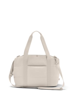 Beige suorakulmainen matkakassi, jossa on kaksi yläkahvaa, säädettävä olkahihna, etutasku painonapilla ja hillitty logo edessä.