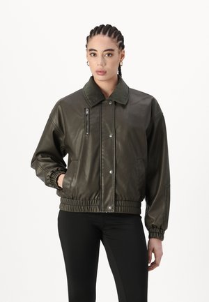 Olive green faux leather bomber jacket with a zippered chest pocket, snap closure, ribbed collar, and elastic cuffs. Casual design.