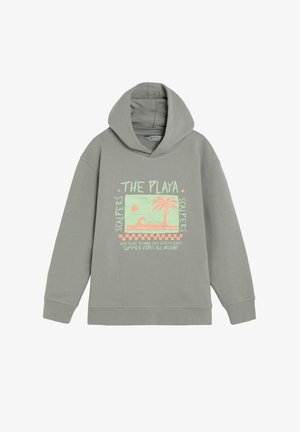 Sudadera con capucha de color gris claro con un gráfico frontal de una palmera, sol, ola y el texto "THE PLAYA" y "SUMMER VIBES ALL AROUND."