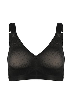 Czarny koronkowy biustonosz z gładką podszewką, dekoltem w kształcie litery V oraz fakturą o wzorze kwiatowym. Regulowane ramiączka i zapięcie na haczyk z tyłu.