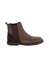 Bota Chelsea de cuero marrón con un talón de ante suave, paneles laterales elásticos, puntera redonda y detalles de costura a lo largo de la suela.