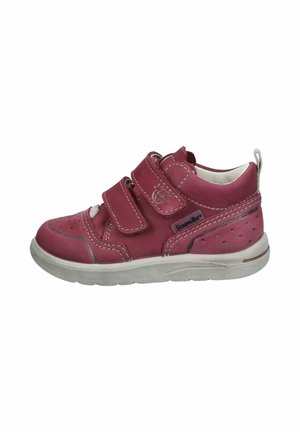 Child’s maroon high-top sneaker with two velcro straps, white stitching, and a gray sole against white background.