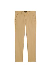 Beige katoenen chinos met een rechtlopend ontwerp, voorzien van zijzakken, een sluiting met een knoop aan de voorkant en een gladde textuur. Geen zichtbare patronen of accenten.