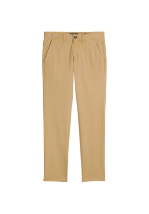 Beige katoenen chinos met een rechtlopend ontwerp, voorzien van zijzakken, een sluiting met een knoop aan de voorkant en een gladde textuur. Geen zichtbare patronen of accenten.